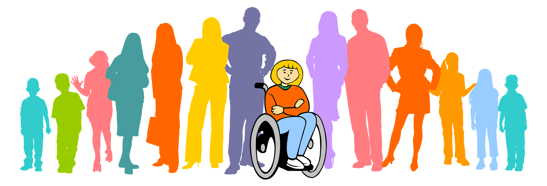 Illustration: Rollstuhl steht in der Mitte umringt von Menschen